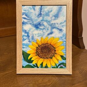 Signed Original Sunflower Acrylic Artwork - big bloom with swirling clouds
